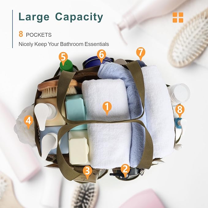 F-color Shower Caddy Portable - Mesh Shower Bag Basket Tote for College Dorm Room Essentials Bathroom Gym Camp Quick Dry for Women Men with S Hook, Brown Camouflage