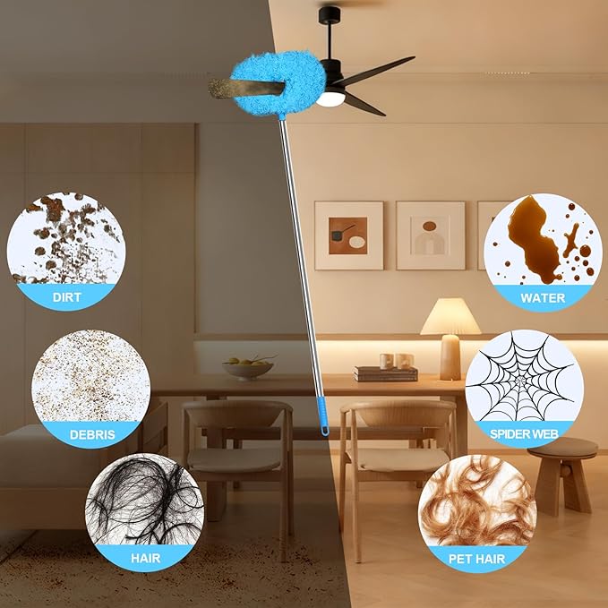 Eunice 13-49.7 Inches Ceiling Fan Duster with Extension Pole, Adjustable and Removable Cleaner Blade for High Ceiling, Fan Cleaner for Window Door Furniture (Blue)