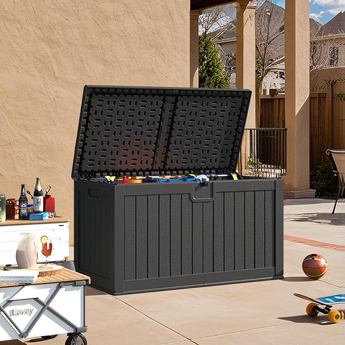Patiowell 230 Gallon Large Outdoor Storage Box, Waterproof Deck Box with Fixed Divider, Lockable and Durable Patio Storage Solution for Patio Furniture and Garden Tools, Black