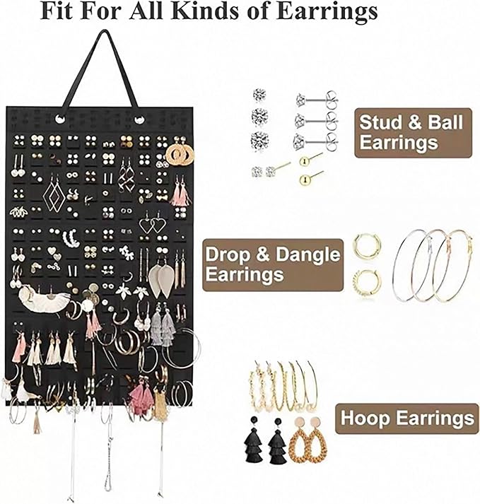 Hanging Jewelry Earrings Necklaces Holder For Women Large Capacity Wall Mounted Earring Bracelet Brooch Sunglasses Organizer (Black Earrings Holder)