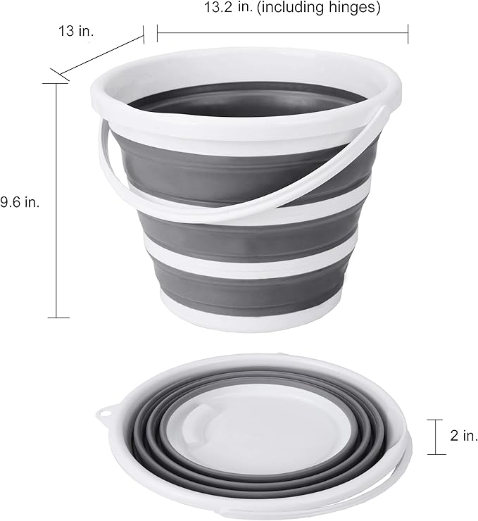 Eurow Indoor and Outdoor Collapsible Bucket with Handle, 10 Liters, 2.6 Gallons, Gray and White (Pack of 2)