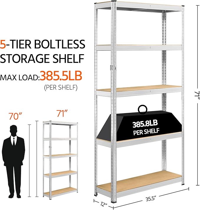 Topeakmart 5-Tier Utility Shelves, Metal Storage Shelves Garage Shelving Unit Adjustable Garage Storage Shelves Storage Racks Heavy Duty Shed Shelving- Silver, 35.5 x 12 x 71 Inch
