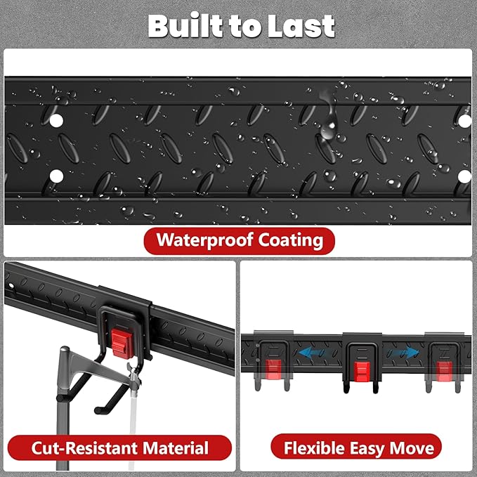 Garage Tool Organizer Wall Mount, Upgraded 48" Heavy Duty Garage Storage Tool Rack, Thickened Metal Wall System with 7 Adjustable Anti-Slip Hooks, 550 lbs Load Capacity, Reinforced Locking, For Garden