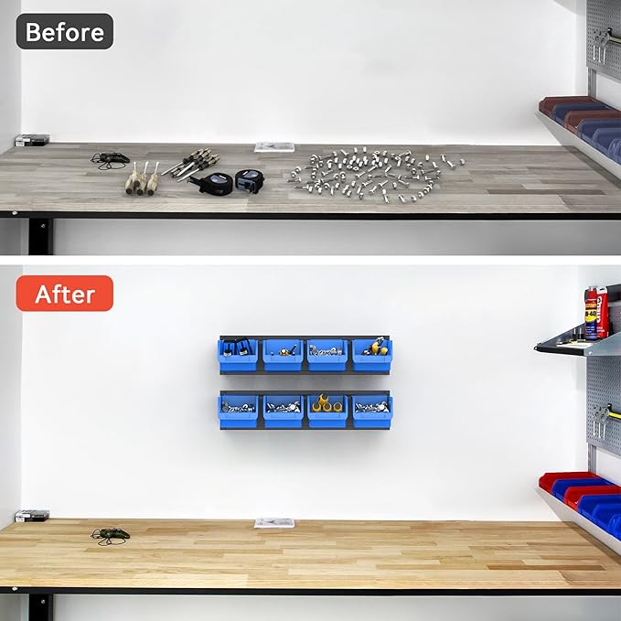 TORACK Wall-Mounted Storage Bins - 8 Plastic Bins & 2 Metal Tracks for Tools Organization in Garage, Craft Room, and Shop(Blue)