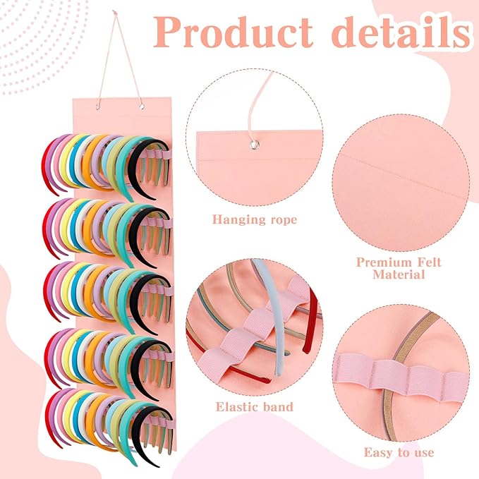 Tudomro Hanging Headband Holder for Girls Felt Hair Accessories Organizer with 60 Elastic Bands Bow Hanger for Girls Hair Bows Without Headbands(Plain Style,Pink)