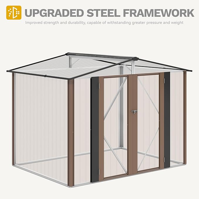 DWVO 8x6FT Outdoor Storage Shelter, Roomy Steel Tool Shed with Secure Entrances & Air Circulation for Patio, Lawn, and Backyard, Ideal for Storing Garden Gear, Lawn Tools, and Bikes, Brown