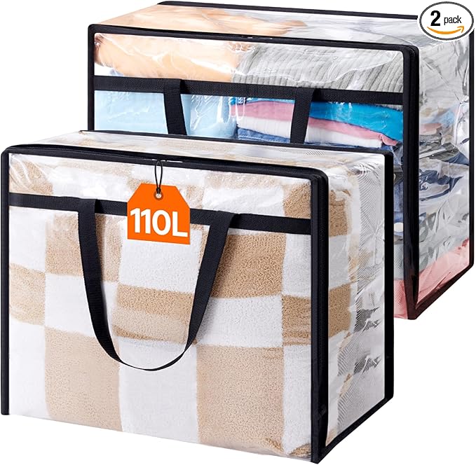 Lifewit 110L Large Clear Clothes Storage Bags, 2 Pack Plastic Vinyl Foldable Moving Bags with Zipper, Closet Organizers and Storage Containers for Blanket, Bedding, Duvet, Pillow, Comforter