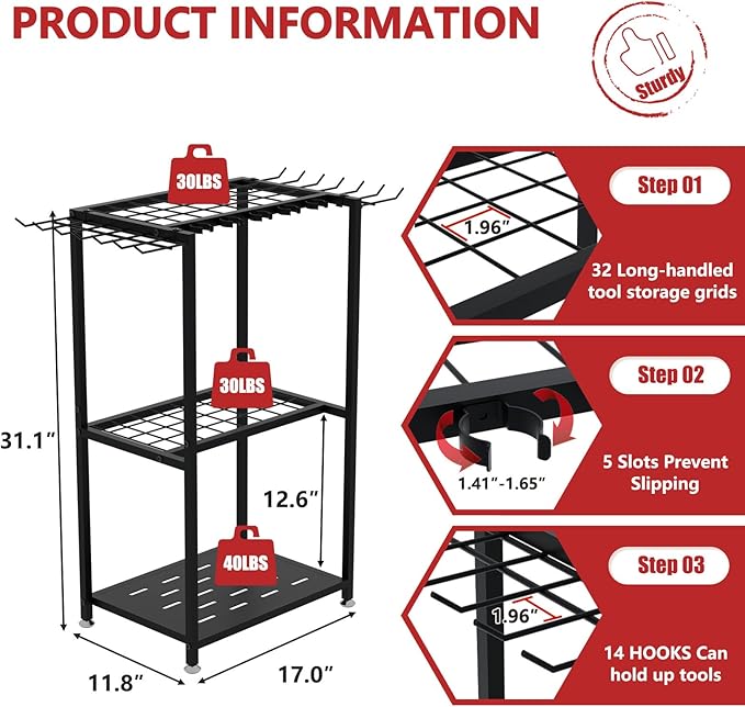 Garden Tool Organizer, 3-Tier Metal Yard Tool Rack with 14 Hooks & 5 Slots, Holds 50+ Rakes/Shovels/Brooms, Heavy Duty Freestanding Lawn Tool Storage for Garage Shed Outdoor Organization