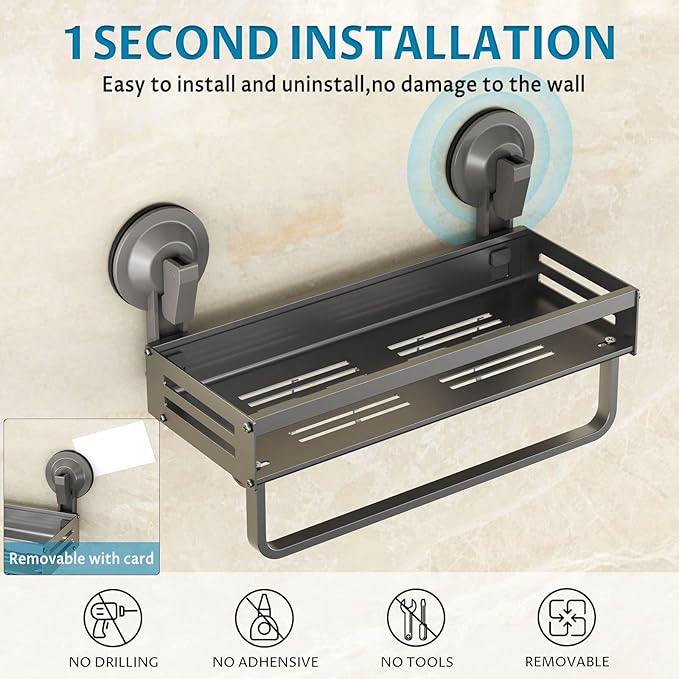 Onemake Shower Caddy Suction Cup, 1 Pack 11.8 inch Aluminum Suction Showers Organizer with Towel Bar & Hooks, Rustproof Shower Shelf, NO-Drilling Bathroom Shelf Storage Rack, Gray