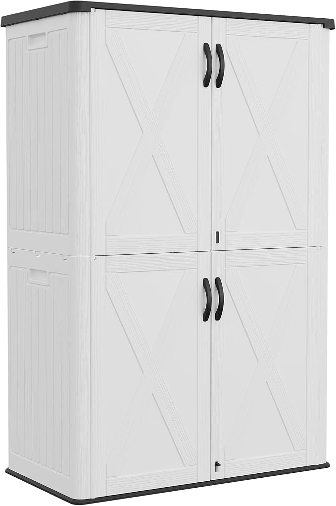 Greesum Outdoor Storage Cabinet, 50 CUFT Deck Box Without Shelves, Waterproof Plastic Storage Shed for Patio Cushions, Gardening Tools, Lockable and Sidehandles, UV Resistant, White