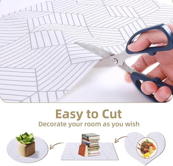 Shelf Liners for Kitchen Cabinets 12in x 10FT, Non Adhesive Cabinet Liner Strong Non-Slip Thickened Silver Geometric Easy to Clean for Shelf, Cabinet, Refrigerator with Knife and Tape Measure