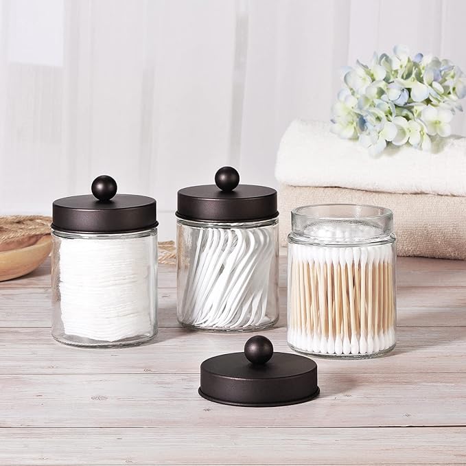 Apothecary Jar Canisters Bathroom Vanity Organizer - Qtip Holder Storage Organizer Countertop -Stainless Steel Lids &Cute Stickers for Qtips,Cotton Swabs,Makeup Sponges,Floss(3 Pack) (Bronze)