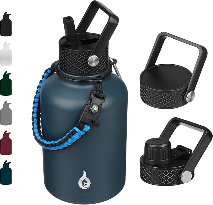 BJPKPK Insulated Water Bottles with Straw Lid, 50oz Large Water Jug, Stainless Steel Vacuum Bottles, Hot & Cold Thermo with 3 Lids and Paracord Handle,Navy Blue