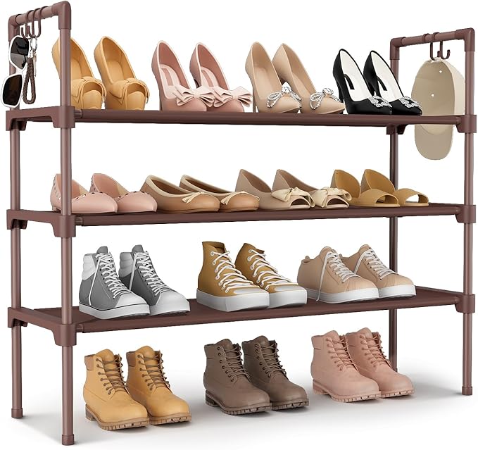 3 Tier Shoe Rack for Closet Shoe Organizer with 5 Hooks, Long Shoe Shelf Storage for Shoe and Boot Stackable Free Standing Shoe Rack for Entryway, Garage, Small Spaces, Dorm, Brown