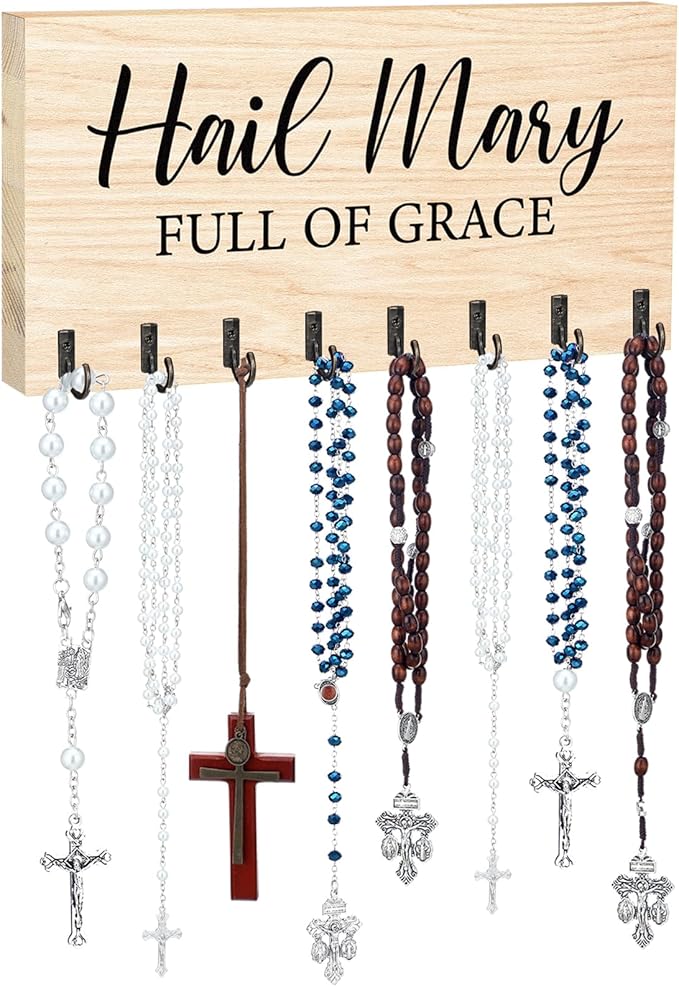 Large Wooden Rosary Holder Wall Mounted with 8 Hangers Catholic Rosary Storage Organizer Decorative Hanger Holder for Necklace, Bracelet Prayer Storage (Natural)