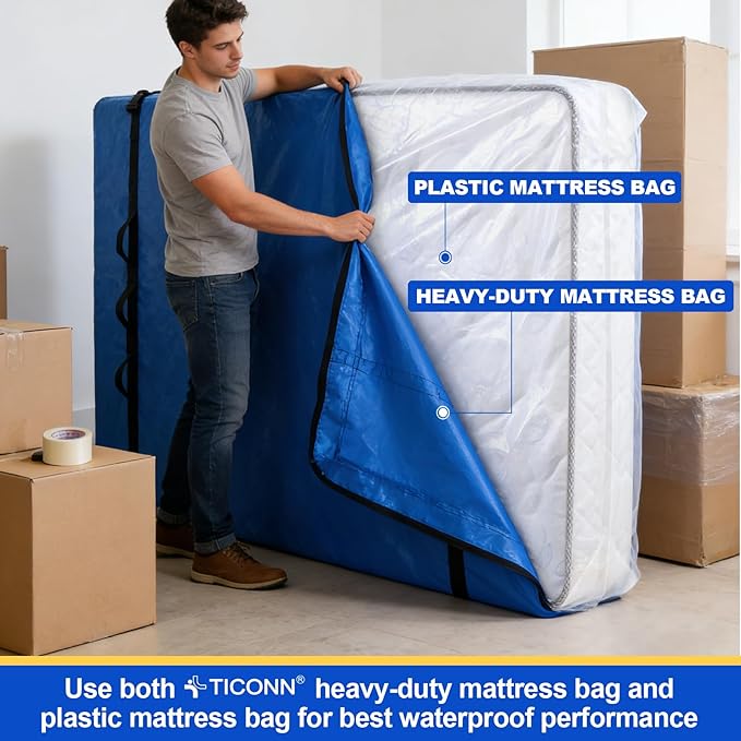 TICONN Mattress Bags for Moving, Heavy Duty Twin XL Mattress Cover Storage Bag with Full-Around Handle and Adjustable Buckles (Blue, Twin XL)
