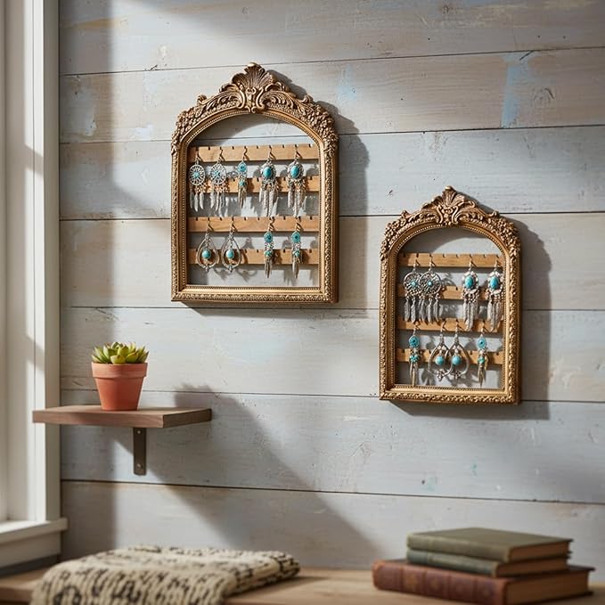 2 Pcs Wall Hanging Earring holder Organizers Vintage Arched Frame 4 Layer Wall Mounted Jewelry Holder Decorative Retro Baroque Stud Earring Display Gift (Gold,10 x 6.9'' & 13 x 9.3'')