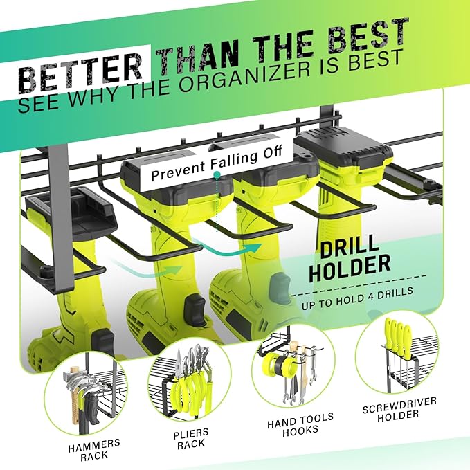 Power Tool Organizer, 4 Drill Holder Wall Mount, Garage Tool Organizer and Storage with Screwdriver Holder, Garage Organization, 4 Layer Cordless Drill Holder with Hammer Holder