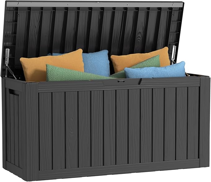 80 Gallon Outdoor Deck Box,Waterproof Resin Outdoor Storage Boxes, Outside Storage Lockable Container for Garden Tools,Indooor Cushions,Accessories (Black)