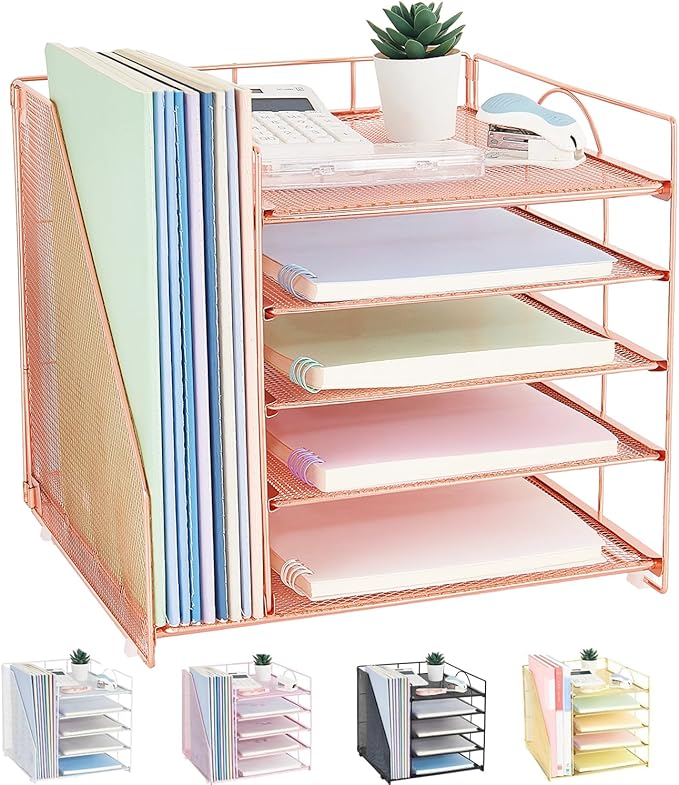 Desk Organizers and Accessories, 5-Tier Paper Letter Tray Organizer with File Holder, Desktop Organizer for Office Supplies (Rose Gold)