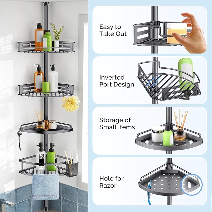 HAMITOR Corner Shower Caddy Tension Pole: Quick Installation 4-Tier Rustproof Bathroom Organizer Shelves for Bathtub Shampoo Storage - 47-121 inch Adjustable Floor Standing Bath Rack Holder Gray