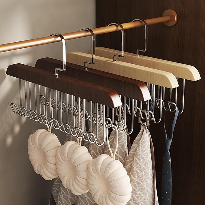 Belt Hanger 2Pcs Belt Hanger with 16 Hooks Bra Hangers for Closet,Space-Saving Wooden Closet Hanger Organizer for Ties, Scarves, Bras,Tank, Tops (Wood)