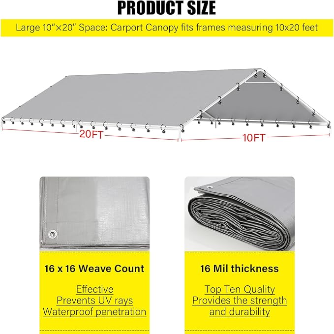 DWALE 10 x 20 Ft Carport,Replacement Canopy Cover Garage Top Tent Shelter Tarp,Grey with 48 Ball Bungee Cords Waterproof & UV Protected (Only Tarp Cover, Frame Not Include)