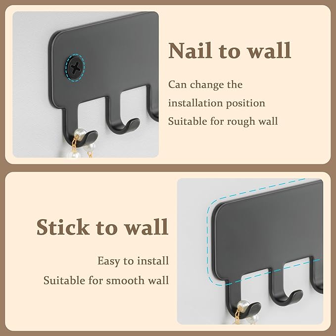 Drill-In Necklace Organizer: Sturdy Necklace Holder Wall Mounted with Hooks for Tangle-Free Jewelry Storage – Space-Saving Wall Necklace Hanger, Black, 2 PCS