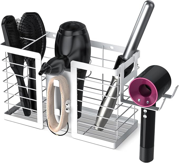 FUNKYLEE Bathroom Organizers and Storage, 3 in 1 Metal Wall Mount for Flat Iron, Curling Iron, Straightener, Hair Care & Styling Tools (White)