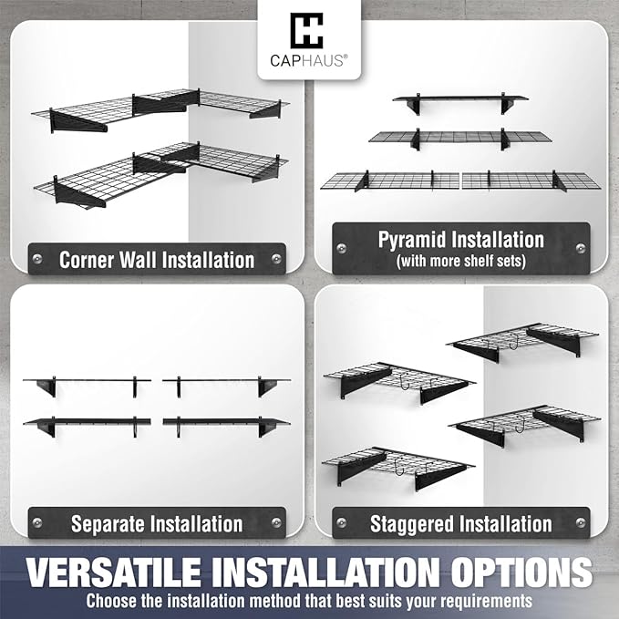 CAPHAUS Garage Shelving Wall Mounted 48x18 Inch, Heavy Duty Metal Wall Shelves with 2 Bike Hooks, 250lbs Capacity Storage Rack for Garage Organization System, Black
