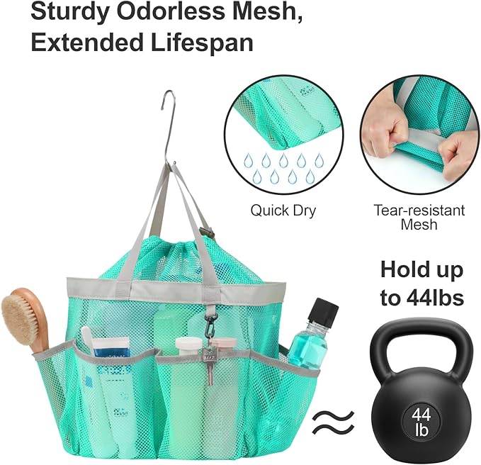 F-color Mesh Shower Caddy Portable with Drawstring - Large 8 Pockets Dorm Room Essentials for Guys Girls with S Hook, Shower Bag Basket Tote for College Camping Gym Travel Bathroom, Mint Green