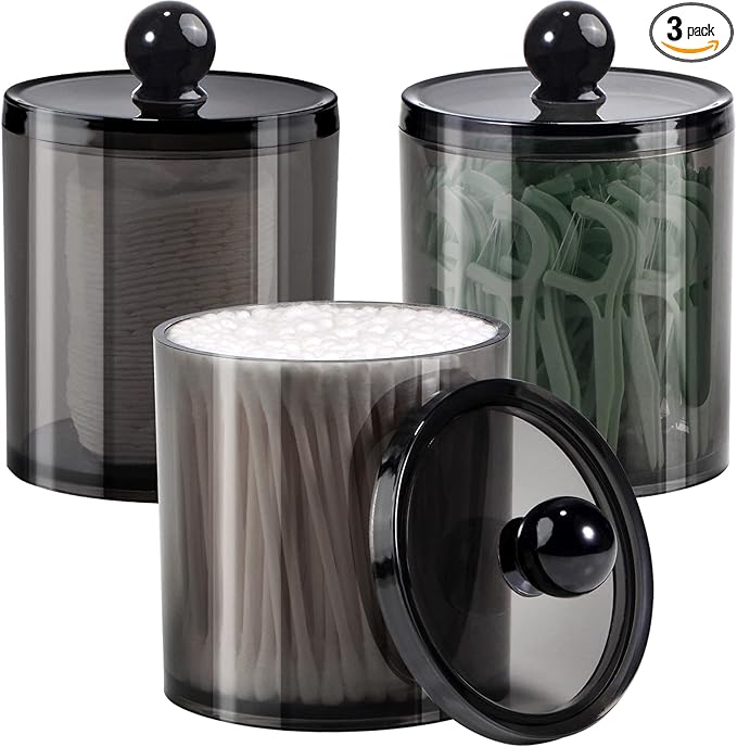 SheeChung 3-Pack Qtip Holder Black,Plastic Qtip Dispenser with Lids,Apothecary Jars with Labels,Minimalist Shatterproof Bathroom Organizer Set for Cotton Swabs,Balls,Pads,Bathroom Accessories