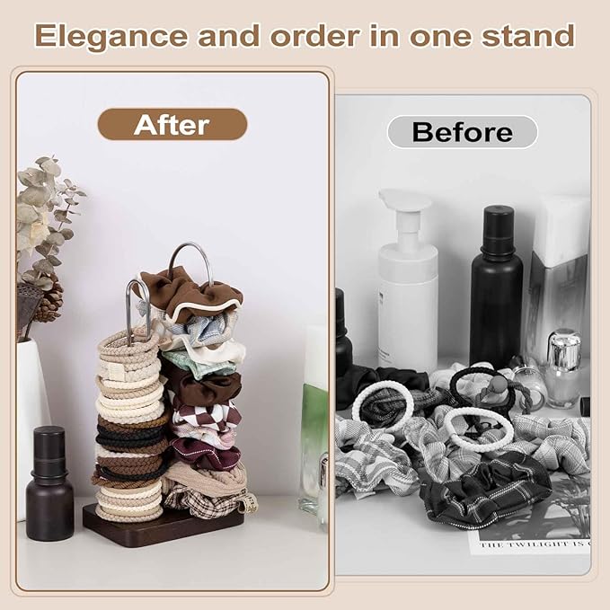 Scrunchine Holder Stand, 2 Tier Hair Tie Tower Hold 50~70 Scrunchies,Claw Clip Holder, Modern Fashion Hair Ties Organizer Storage for Girls, Women, Display(Walnut Color)