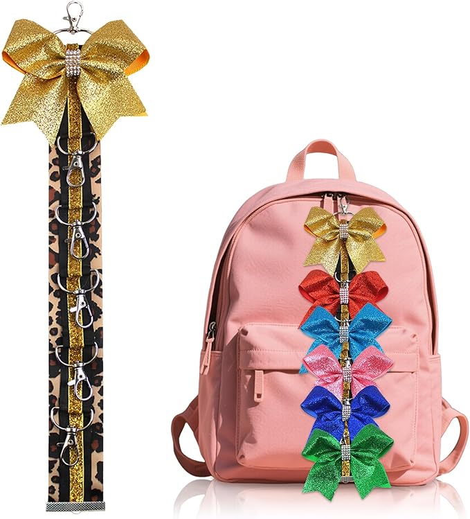 ALIBBON Cheer Bow Holder Glitter Gold Leopard Print Hair Bow Holder Cheer Keychain for Cheerleading Backpack Bag Cheerleader Gifts Sports Cheerleading Bows Storage Hanging Ribbon Chain with 5 Clasps