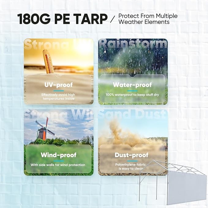 ADVANCE OUTDOOR Replacement Sidewall Tarp for 10/12x20 ft Carport Canopy, Heavy-Duty Waterproof & UV Protected, Easy Installation with Ball Bungees, White, One Sidewall Only