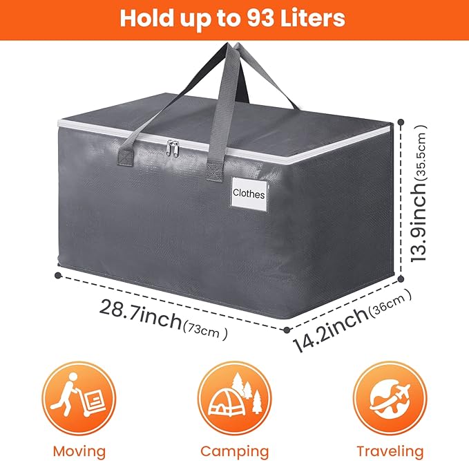 BlissTotes Large Moving Boxes and with Zippers & Handles Moving Supplies with lids, Heavy Duty Totes for Storage Bags for Space Saving, Fold Flat, Moving and Storing 93L, 2 Pack