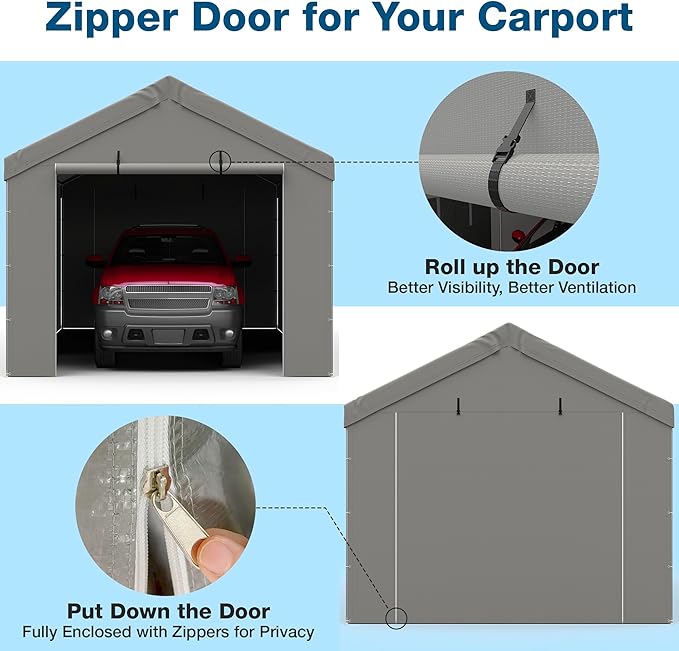 Carport Canopy Replacement Zipper Door Fits 10x20 FT Carport, Waterproof & UV Protected, Easy Assembly with Ball Bungees, Grey (Door Panel Only, 1 Pack)