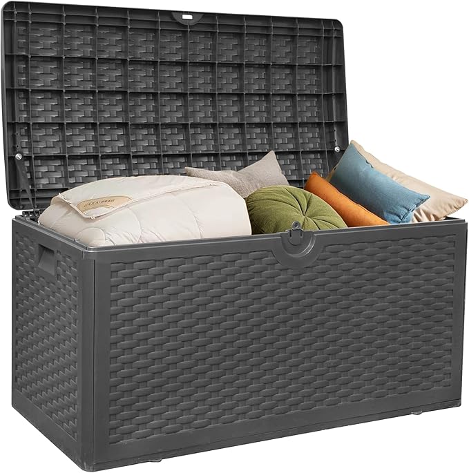 Outdoor Storage Deck Box Waterproof,90 Gallon Lockable Patio Package Delivery Bin as Seat, Resin Storage Container Bench for Furniture Cushions, Pool Accessories, Garden Tools, Black