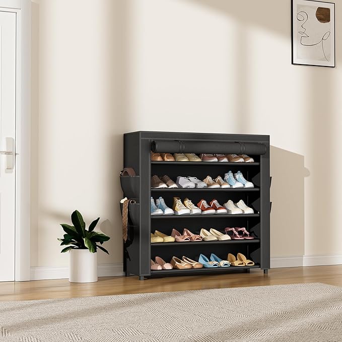 Shoe Rack with Covers 5 Tier Tall Shoe Rack Organizer Large Capacity Shoe Shelf Storage 20-24 Pairs Space Saving Free Standing Shoe Storage Organizer for Closet, Entryway, Dorm, Black