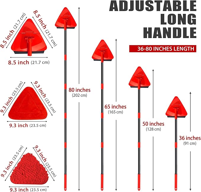 NEWE Wall Mop Cleaner with 80 inches Long Handle, 180° Folding Ceiling Cleaning Tool with Squeegee for Washing Painted Walls, Triangle Baseboard Scrubber with 3 Chenille Duster and 3 Microfiber Pads