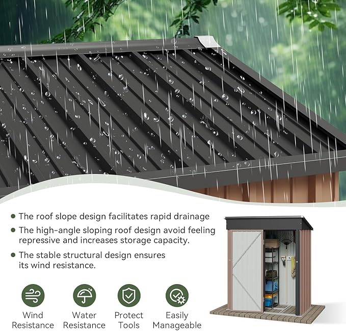 Aoxun 5’ x 2.9’ Shed Outdoor Storage Shed with Base Frame & Lockable Doors & Slooping Roof Metal Garden Tool Shed for Backyard, Patio, Poolside (Brown)