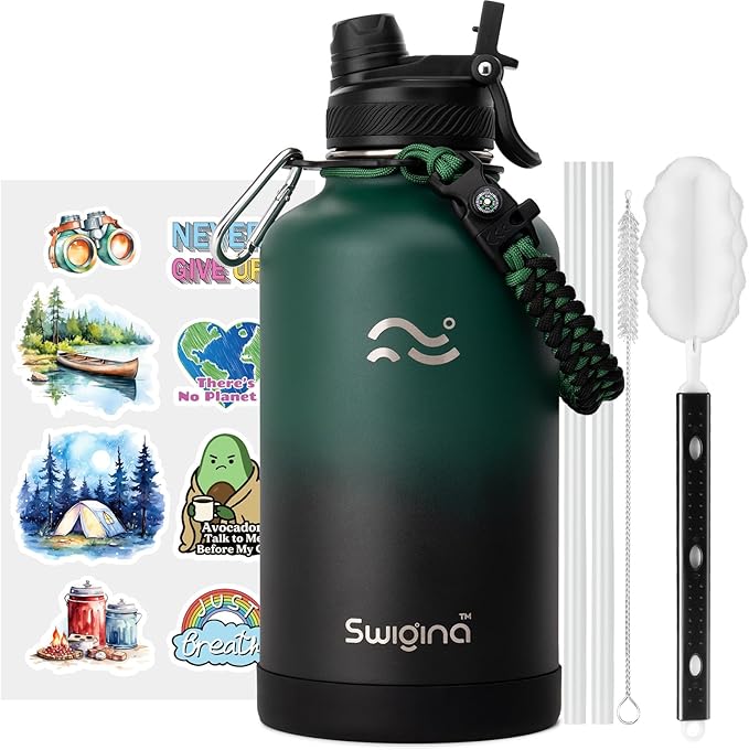 Insulated Water Bottle with Silicone Boot (36hrs Cold/18hrs Hot) - DIY Stickers, [2-in-1 Lid], BPA Free, 64 oz