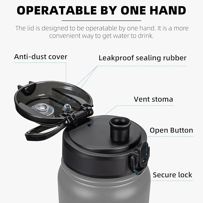 Fanhaw 32 oz Insulated Stainless Steel Water Bottle with Anti-Dust Chug Lid, Leakproof Vacuum Sports Bottle for Men & Women (Gray)