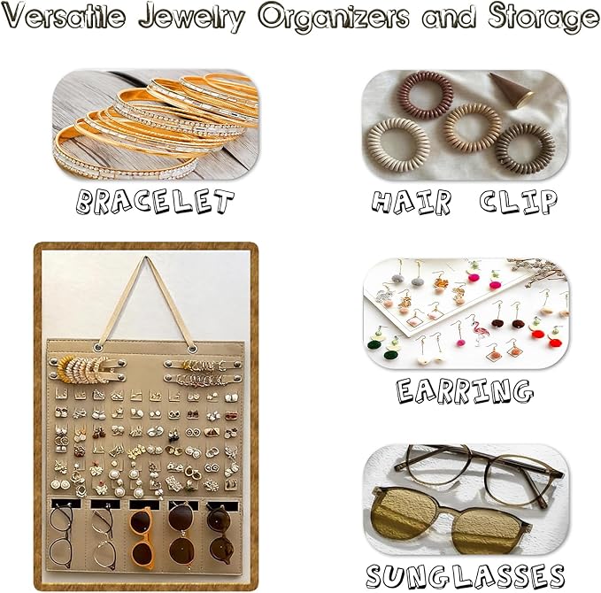 Hanging Jewelry Organizer Storage, Wall Jewelry Organizer Storage for Earrings Hooks, Necklaces, Bracelets and Sunglasses, Hanging Jewelry Organizer has Plenty of Space to Store Jewelry, Brown Color