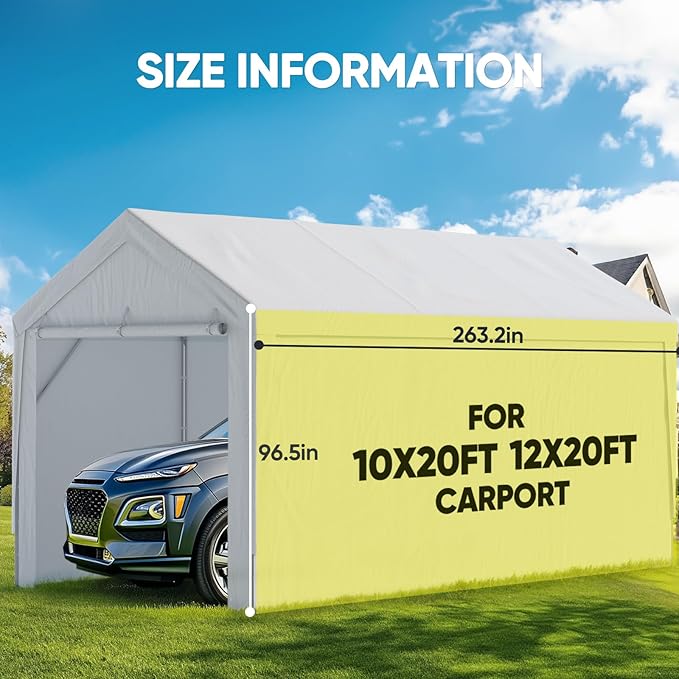 ADVANCE OUTDOOR Replacement Sidewall Tarp for 10/12x20 ft Carport Canopy, Heavy-Duty Waterproof & UV Protected, Easy Installation with Ball Bungees, White, One Sidewall Only