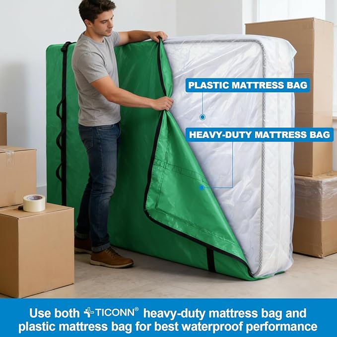 TICONN Mattress Bags for Moving, Heavy Duty Twin XL Mattress Cover Storage Bag with Full-Around Handle and Adjustable Buckles (Green, Twin XL)