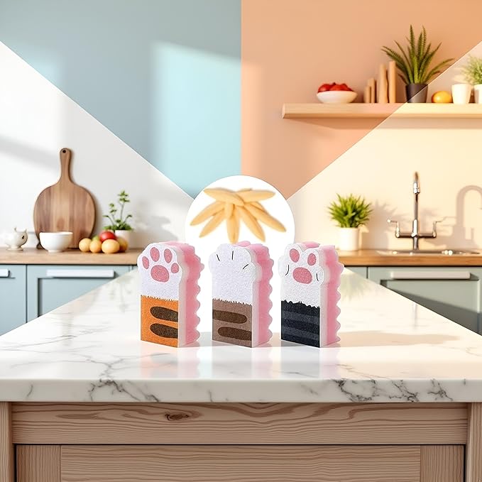 3Pcs Pink Random Style Cat Claw Design Kitchen Cleaning Sponges,Cute Household Cleaning Tool,Claw Design Non-Scratch Dishwashing Scrub Sponge Kitchen Cleaning Tool,Household Supplies