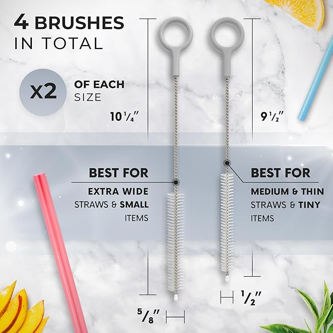 Heavy Duty Cleaning Brushes Set of 4 - Extra Long Straw Cleaners for Metal and Plastic Reusable Drinking Straws, to Clean Small Spaces, Sippy Cups, Water Bottles - Sturdy Hard Brush Bristles