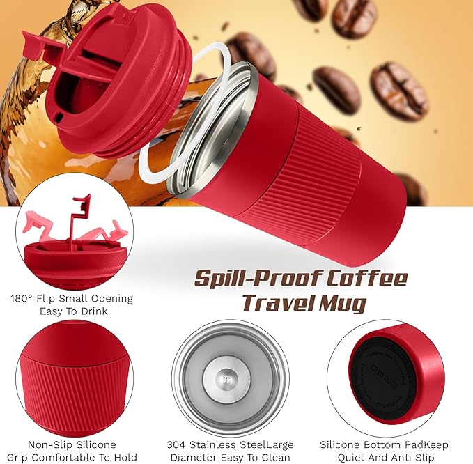 Vacuum-Insulated Stainless Steel Travel Coffee Mug, Leak-Proof Reusable Coffee Cup with Lid - Keep Hot & Cold Drinks for Hours, Durable Insulated Tumbler for Men & Women(3rd-Red, 12OZ)