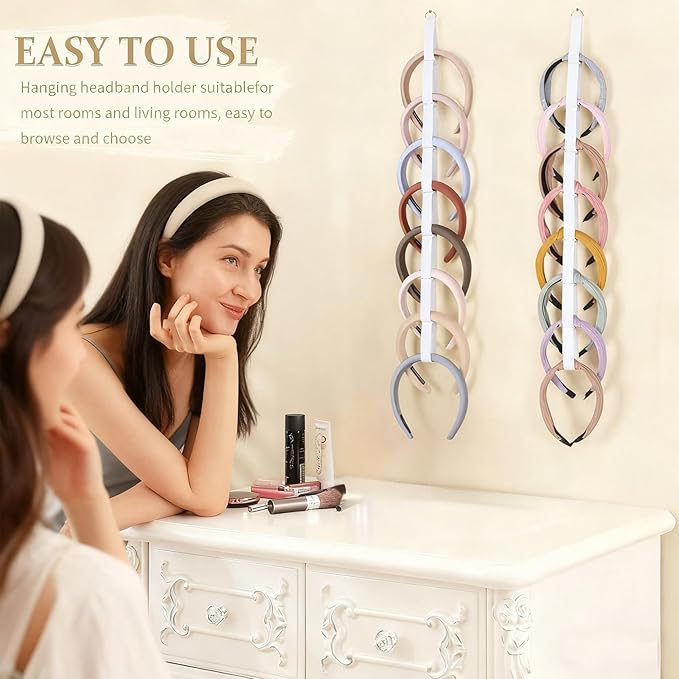 3PCS Headband Holder & Hair Accessory Organizer with 3 adhesive hooks - Large Capacity Foldable Display for Bedroom & Dorm, Easy Headband Storage Solution, White